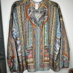 Johnny Was 100% Silk Boho Muticolor designs Blouse Long Sleeve Size XS